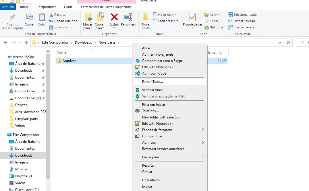 Extrair arquivos ZIP no Windows