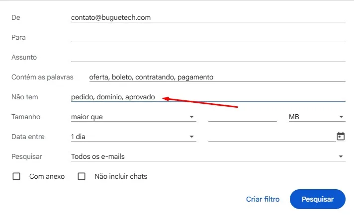 não contem palavras chave de filtros gmail